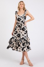 Floral Print Ruffled Adjustable Sleeveless Tired Midi Dress w/ Belt Smocked Back