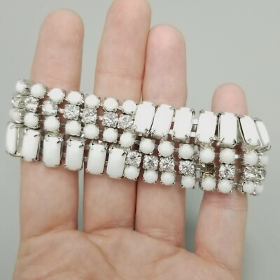 Vintage Kramer of New York Rhinestone Bangle Bracelet White Silver Tone