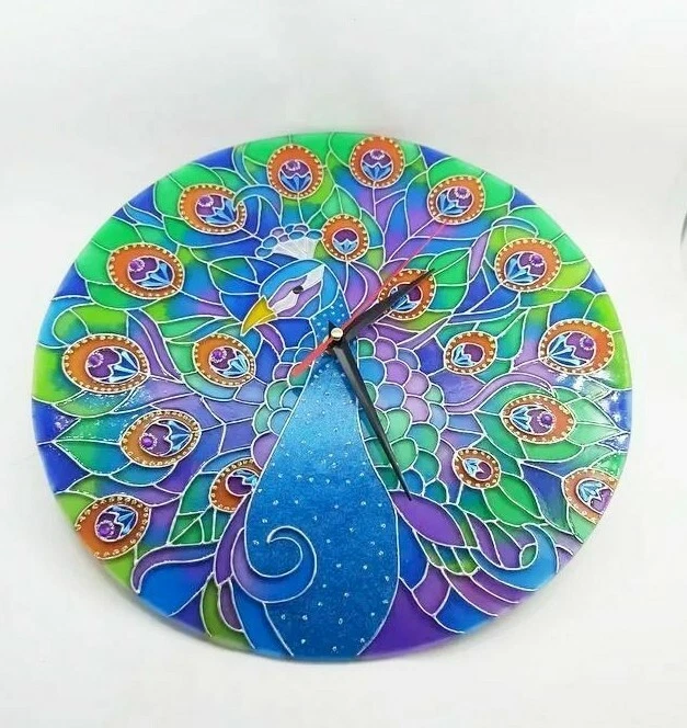 Handpainted stained glass wall clock peacock /Blue Bird Home Decoration - Image 3 of 4