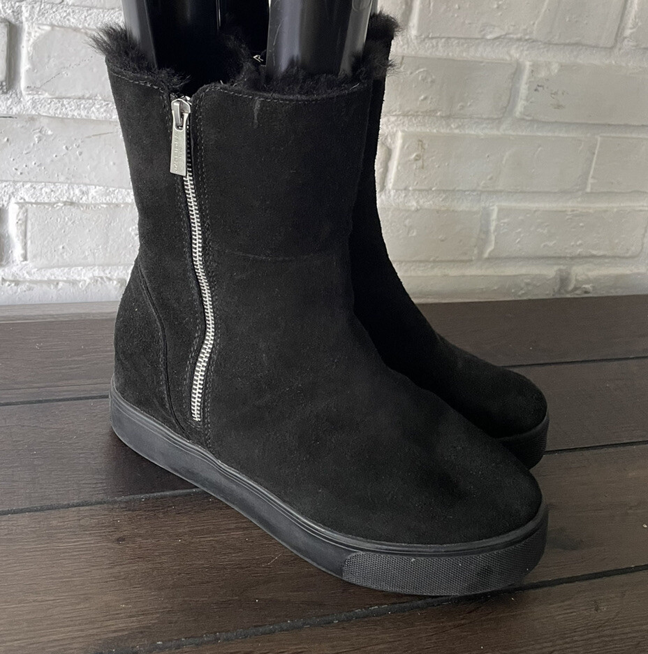 J Slides Winnie Suede Black Faux Fur Women Flat Bootie Midcalf Boots Sz 10