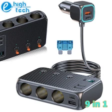 3Way Car Cigarette Lighter Socket USB C Plug Fast Charger Power Adapter Splitter