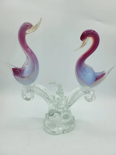 Vintage Murano 2 Art Glass Birds On Branch Love Birds Pink Blue Opaline Swans