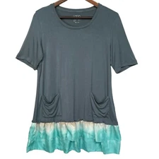 LOGO by Lori Goldstein Women Solid Top Size M Gray Tie-Dye Woven Ruffle Hem