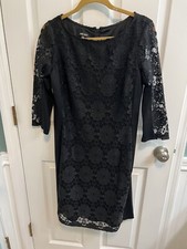 Nine West Size 12 Black Dress Lace Overlay Elbow Sleeve Length Zip Preowned