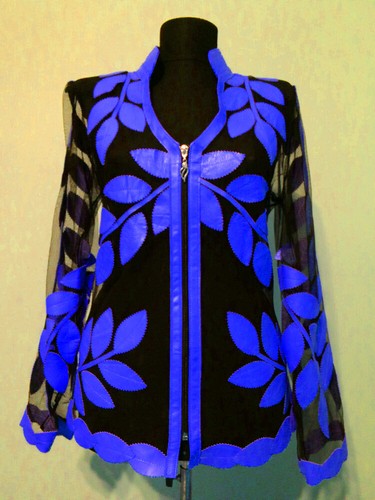 V Neck Blue Zip Short Genuine Leather Leaf Jacket Womens All Colors Sizes D10