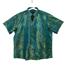 NWT Barry Wang Short Sleeve Shirt Mens XL Button Green Blue Paisley Pattern