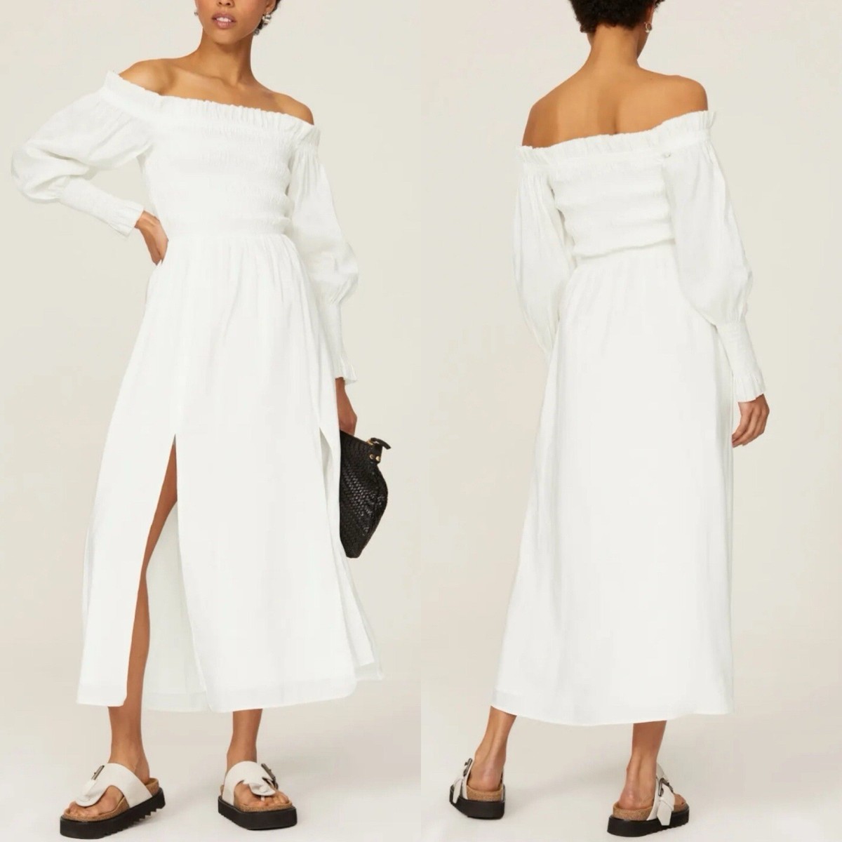 shirred white midi dress Tamara Shirred Chiffon Midi Dress / White | MESHKI