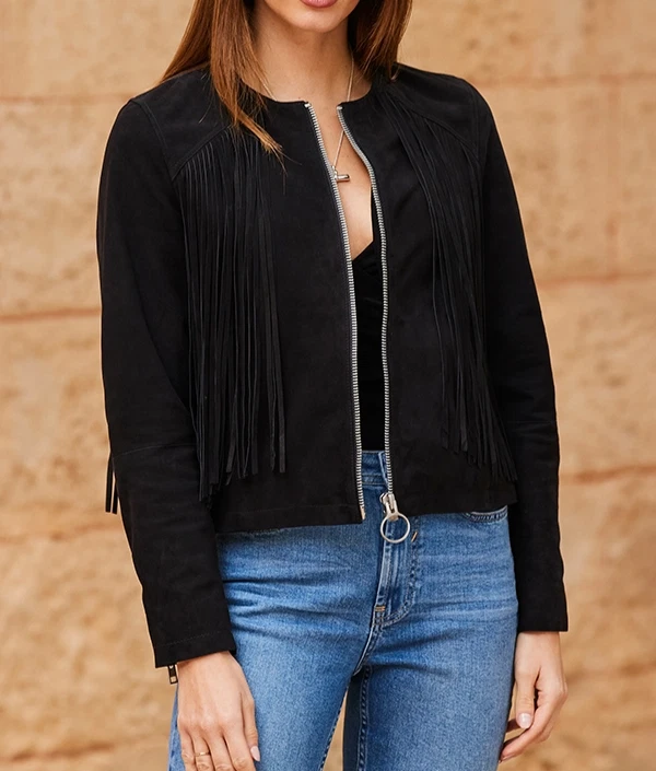 Black Suede Fringe Leather Jacket for Women Biker Size S M L XL XXL Custom Made - Image 2 of 4