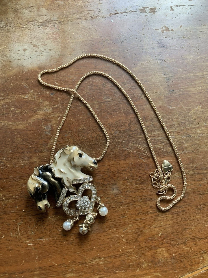 Betsey Johnson Enamel HORSE Pendamet Necklace Brooch Crystal Design Beige/Black - Image 3 of 4