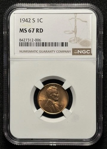 1942-S Lincoln Wheat Penny 1C - Vintage Cedar Wood Red - NGC MS67 RD