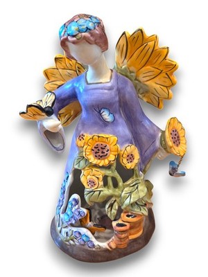 Blue Sky Clayworks Summer Angel Sunflower Tea Light Holder Heather Goldminc 12''