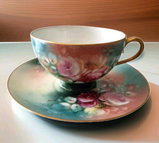 Antique Limoges Teacup Saucer Hand Painted Floral Roses Signed Gold France c1900