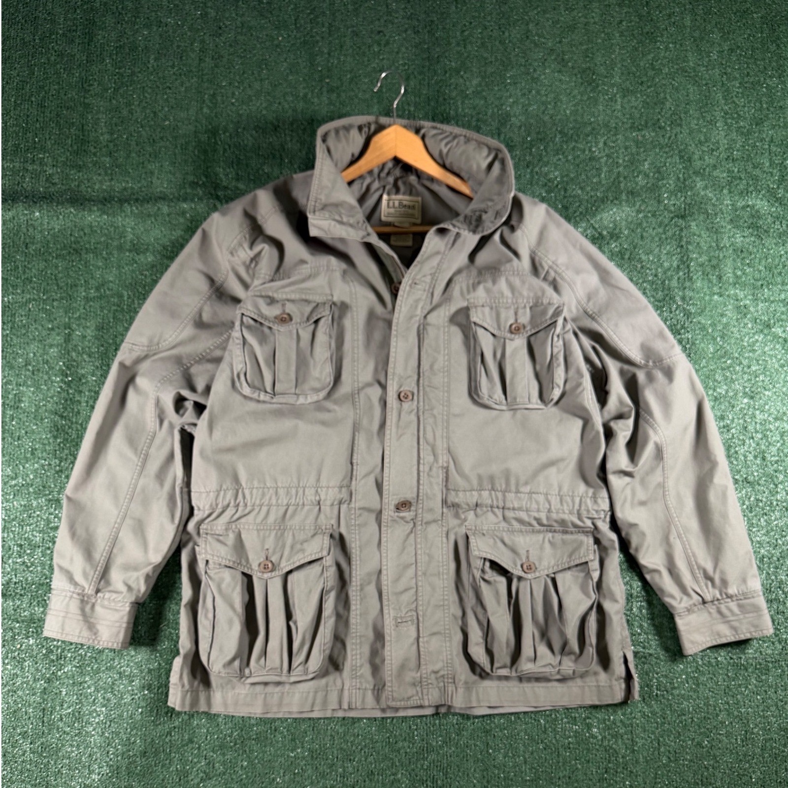 LL Bean Field Jacket Mens L Olive Green Utility Cotton Canvas Safari Coat