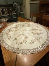 Hand Embroidered 38" Round TABLE TOPPER, TABLE CLOTH, Embroidered Floral Design