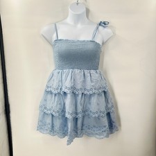 Fairycore Light Blue Smocked Babydoll Dress Medium Eyelet Tiered Whimsy Sundress
