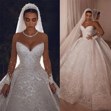 Luxury Wedding Dresses Crystals Sheer Long Sleeve Lace Beaded Bridal Gowns