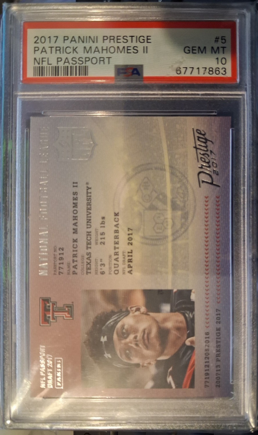 2017 Panini Prestige Patrick Mahomes II Rookie NFL Passport #5 PSA 10 view 3