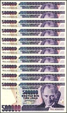Turkey 500000 Lira, L.1970 (1997 ND), P-212a.3, UNC, Prefix M X 10 PCS