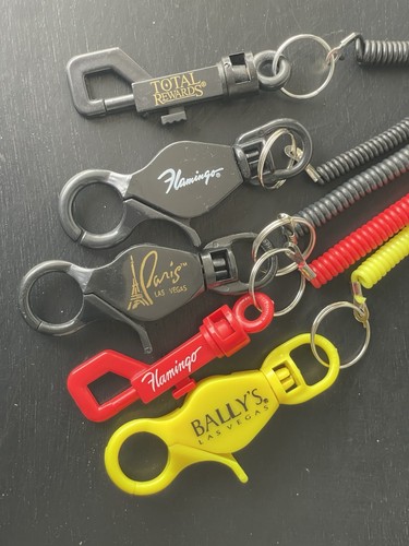 Lot Of 5 Vintage Las Vegas Casino Slot Player Card Clips Lanyards Paris Flamingo