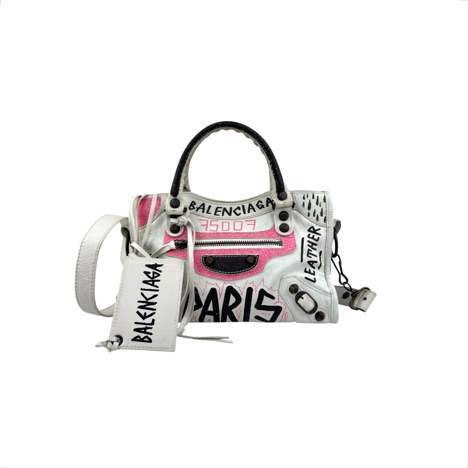 Balenciaga Agneau Graffiti All Over Classic Hardware Mini City White Multicolor