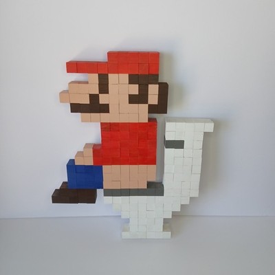 Pooping Mario Pixel Art Handmade Wooden Pine Blocks On MDF 16 5/8 x13 5/8 x1 1/4