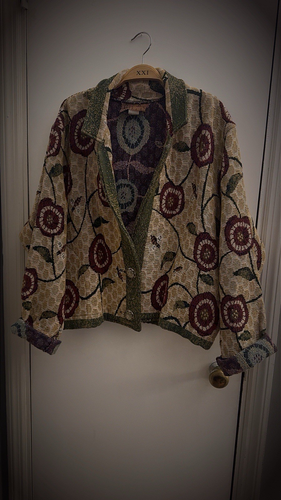 Giacca arazzo pony dipinto donna vintage anni '90 con disegno floreale ape miele