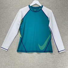Nike Rash Guard Shirt Youth Medium Teal White Long Sleeve Swim Top Swoosh