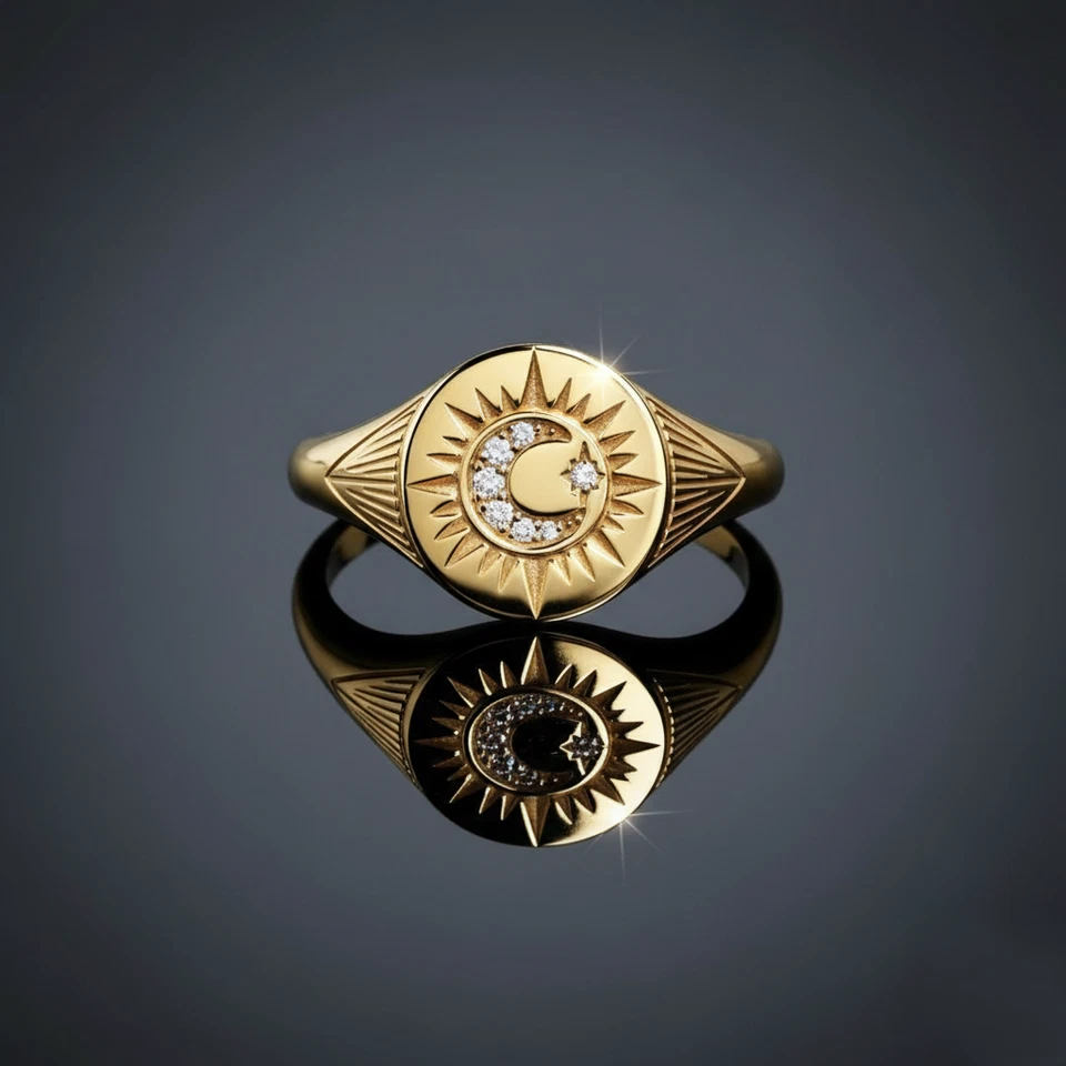 Sun Moon Luna Star Gold Vintage Ring Unique Signet Women's Gold Plated Ring - Image 3 of 4