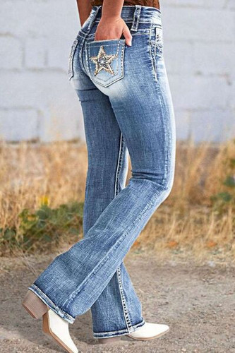 Women's Jeans Start Back Embroidered Pockets Light Washed Denim Bootcut Pants - Picture 3 of 11