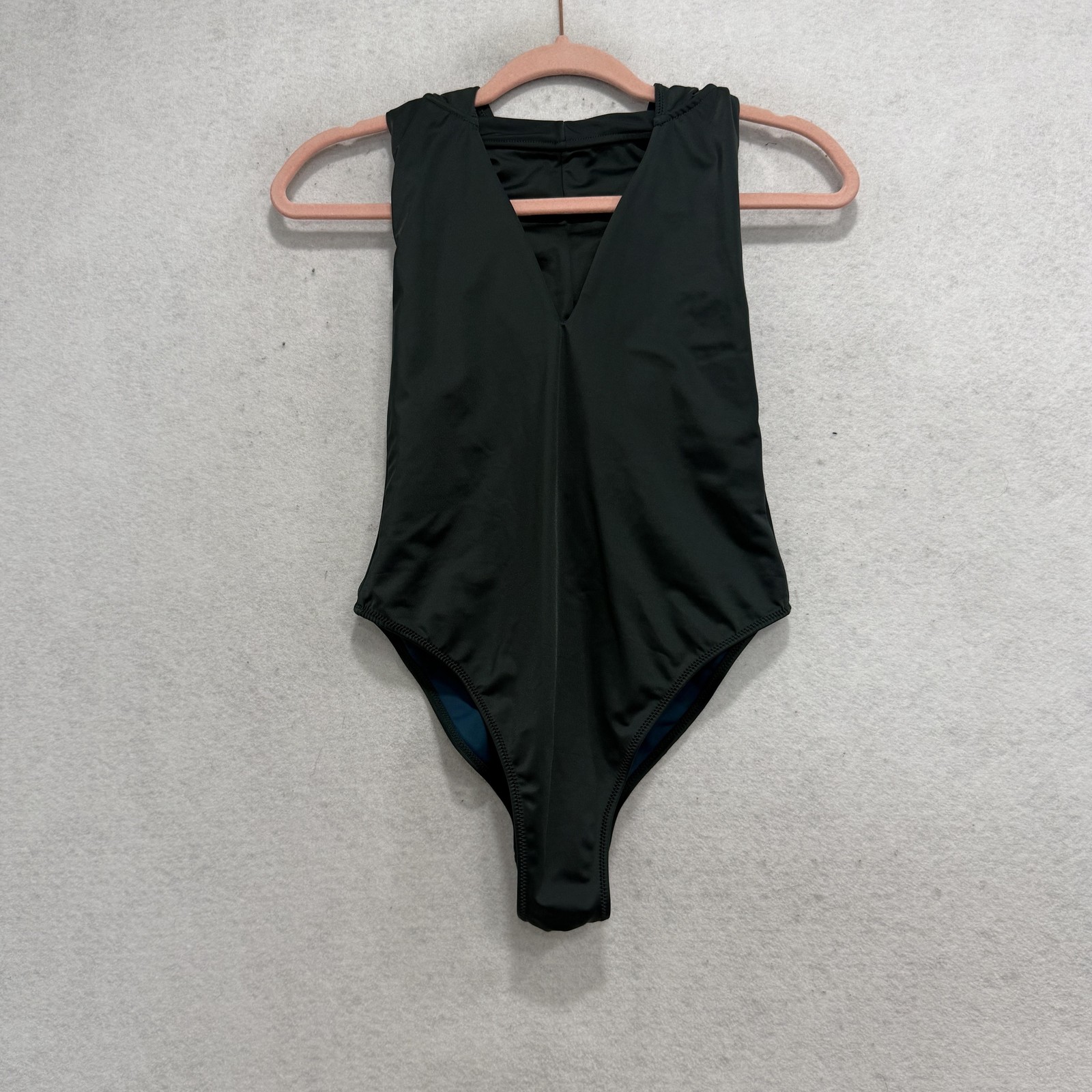 Swimsuit One Piece Womens Medium Green Teal Reversible V Neck hooded Swimsuit-image