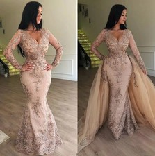 Sparkly Mermaid Lace Evening Dresses Long Sleeves V Neck With Detachable Train