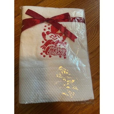 2 Merry Christmas Snowman Embroidered White Hand Towel Red Holiday Decor New