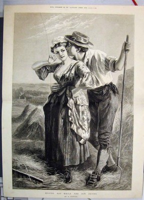 Original Old Antique Print Making Hay While The Sun Shines Innuendos 1874 19th