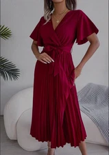 Short Sleeve V-Neck Solid Color Elegant Belted Pleated A Line Dress