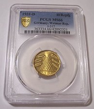 Germany Weimar Republic 1931 D 10 Reichspfennig MS66 PCGS