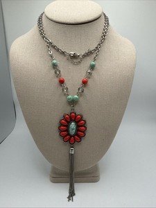 Long Silver Tone Aztec Flower Faux Turquoise & Coral Long Chain Necklace 30”
