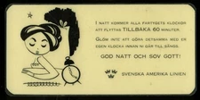Swedish American Line Time Change laminated card in English & Swedish 1950s