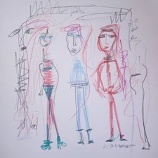 ORIGINAL VINTAGE OOAK ABSTRACT EXPRESSIONISM CUBIST STICK FIGURE INK DRAWING 