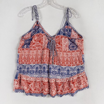 #ad Jessica Simpson Tank Top Womens Large Red Blue Floral Boho Flowy Corded Trim $13.45