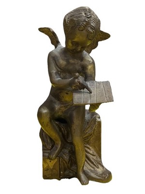 Vintage Mid 20th Century Cherub Angel Writing On Tablet Bronze Statue