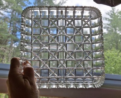Vtg Indiana Glass Square Divided Relish Dish 7 1/8  Block Star Pattern 3 Section
