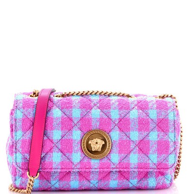 Versace Medusa Icon Chain Flap Bag Quilted Tweed East West