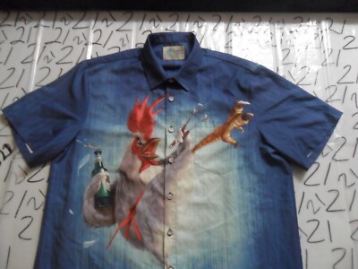 Large Rooster Master Chef High Kick Rayaura Hawaiian Button Up 100% Poly Shirt