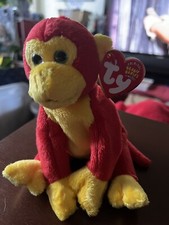TY CHOPSTIX the Red And Yellow MONKEY BEANIE BABY W/ Green Eyes