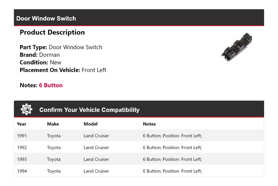 Interruptor de ventana de puerta delantero izquierdo Toyota Land Cruiser Dorman 1991-1994 1992 1993 Foto 2 de 4