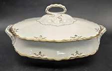 Antique Pope Gosser Covered Vegetable Dish White and Gold Scalloped Embossed