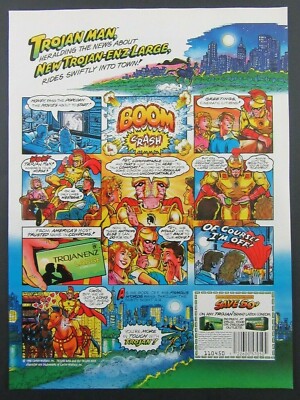 1990 TROJAN Latex Condom Magazine Ad - TROJAN MAN Comic Style