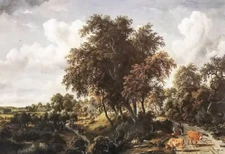 Oil painting Meindert Hobbema - road on a dyke & animals cows landscape canvas