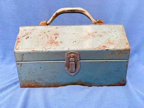 Vintage Metal Lunch Box Pail Blue Hammered Steel Finish w/Chrome Handle Lunchbox - Picture 13 of 13