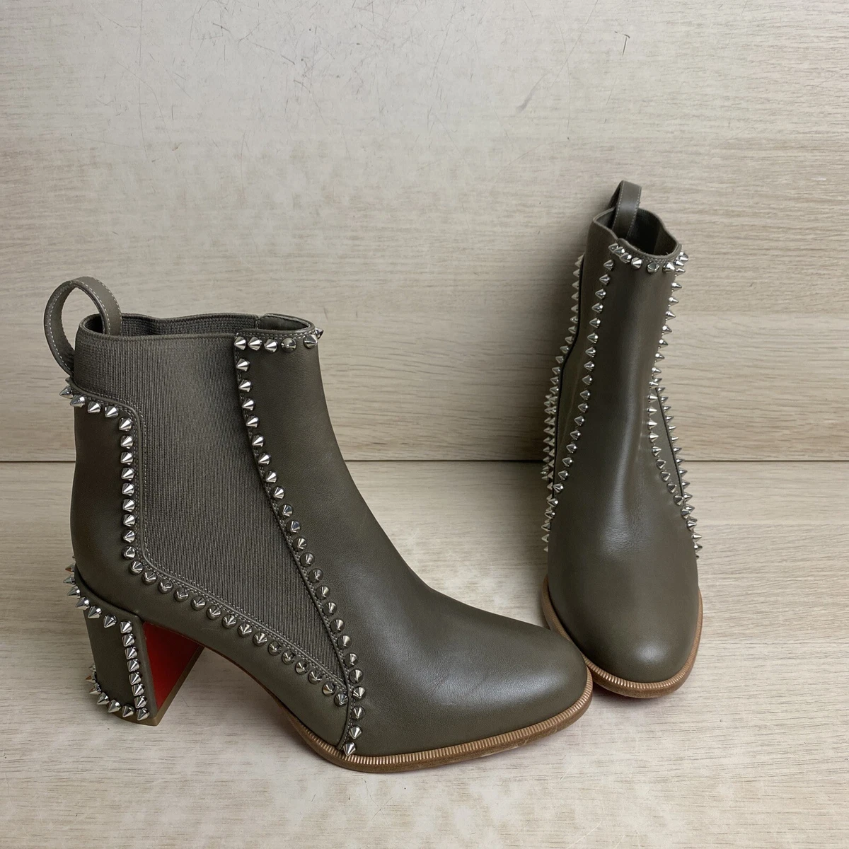 Christian Louboutin Taupe Leather Spiked Red Sole Pull On Chelsea Boots,  W's 35